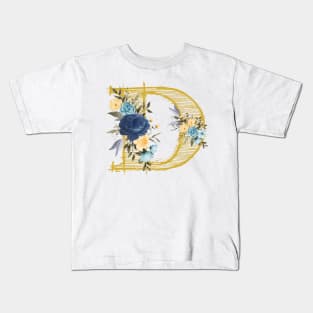 Monogram Letter D In Metallic Gold With Aesthetic Blue Flowers Botany Kids T-Shirt